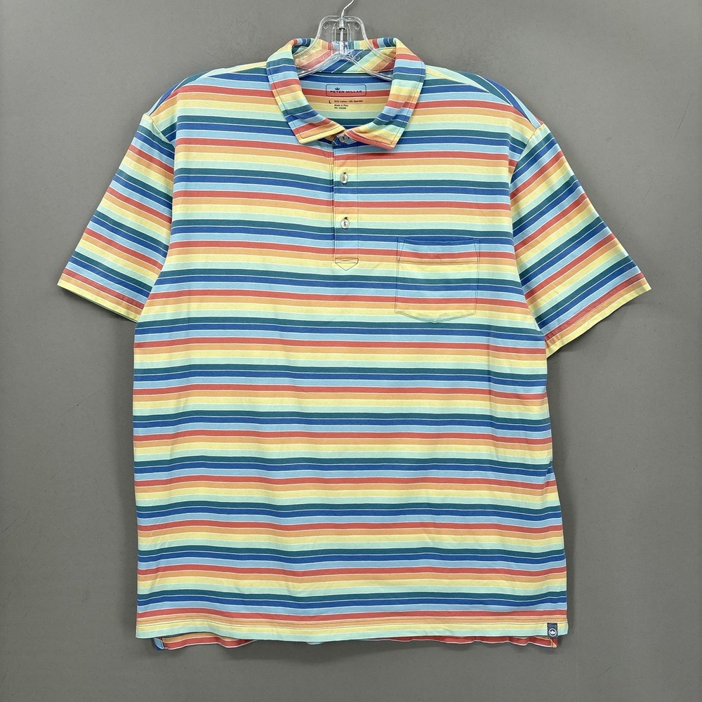 Peter Millar Polo Shirt Mens Large Multicolor Striped Pocket Cotton Stretch Golf - Picture 2 of 11